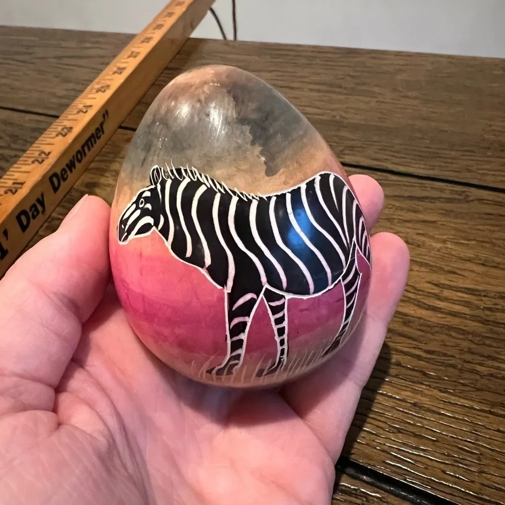 Hand Painted Soapstone Egg African Wildlife Mural Scene Zebra Trees